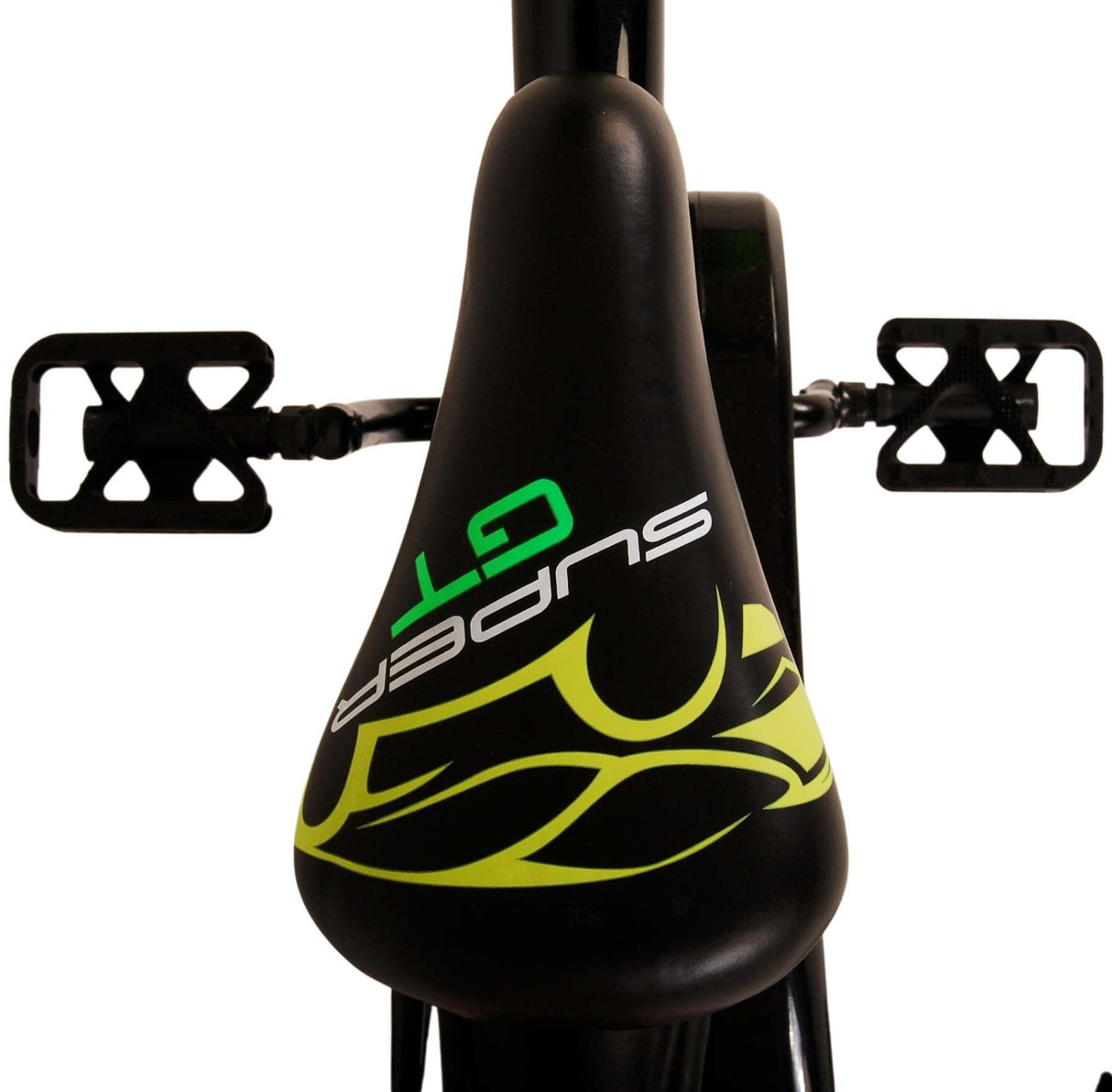 Schwarzer Fahrradsattel mit grünem Schriftzug und stylischem Design