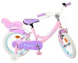 Rosa Kinderfahrrad mit lila Akzenten und Gepäckträger
