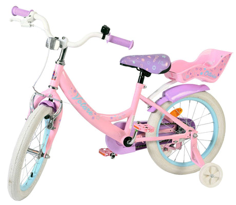 Rosa und lila Kinderfahrrad mit Sitz für Spielzeug hinten