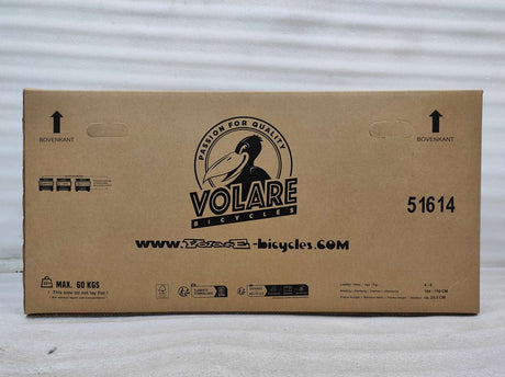Kartonverpackung für ein Fahrrad mit Logo und Informationen