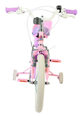 Rosa Kinderfahrrad mit Stützrädern und bunten Griffen