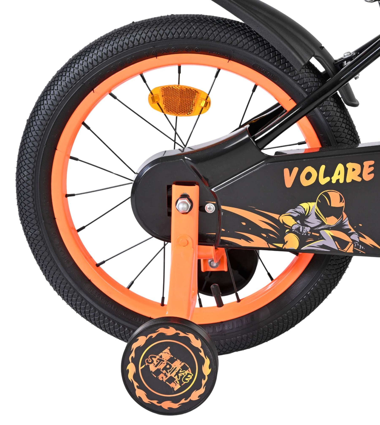 Schwarzes Kinderfahrrad mit orangefarbenen Reifen und Pedalen