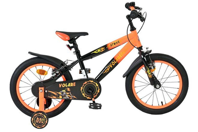 Schwarzes Kinderfahrrad mit orangefarbenen Akzenten und sportlichem Design