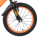 Vorderreifen eines Fahrrads mit orangefarbenem Felgenrand und schwarzem Reifen