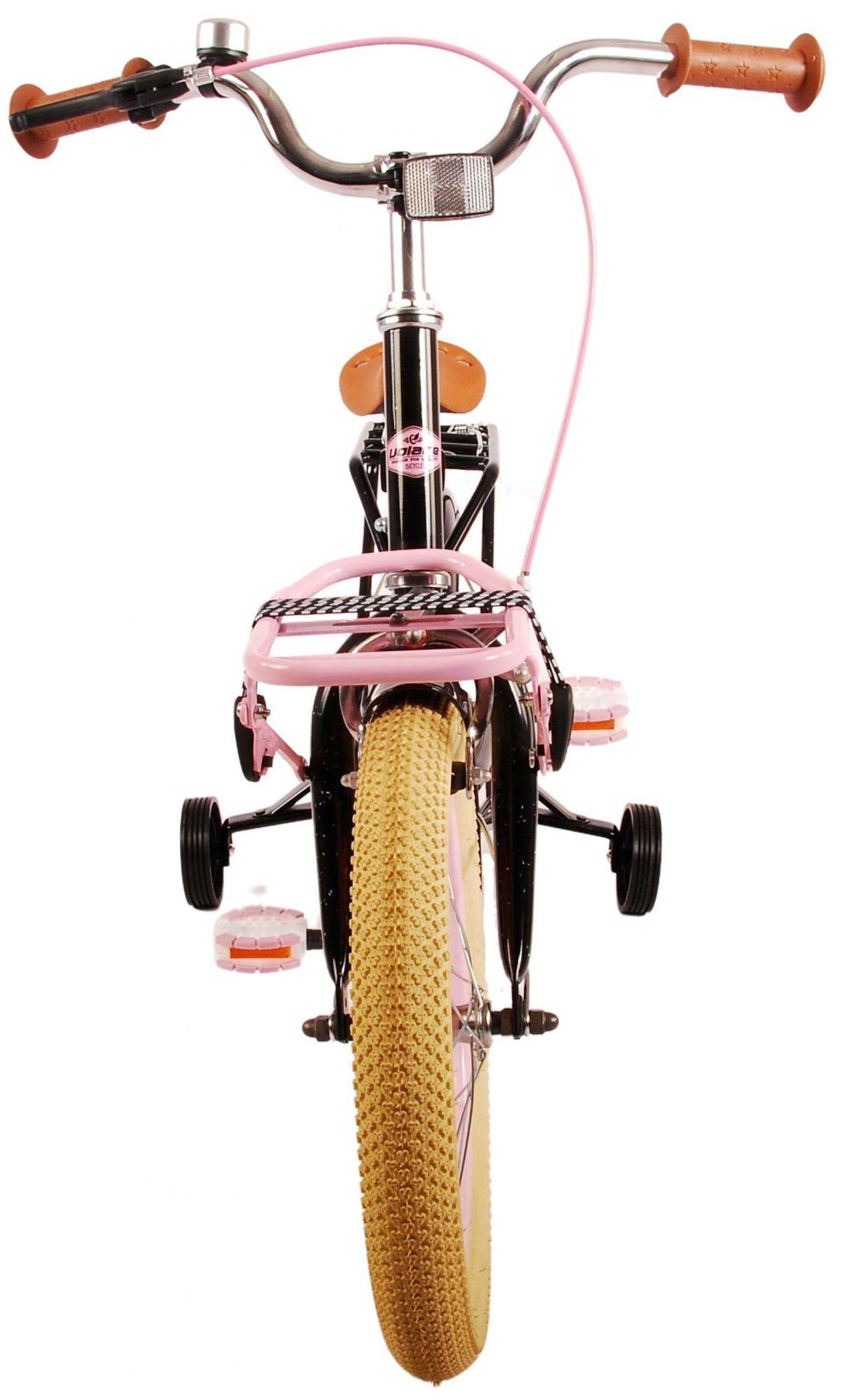 Fahrrad mit pinkem Rahmen, breiten Reifen und braunen Griffen