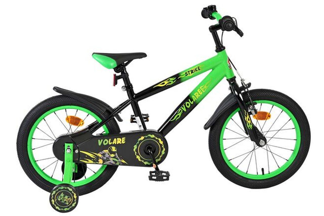 Kinderfahrrad in Schwarz und Grün mit Stützrädern und sportlichem Design