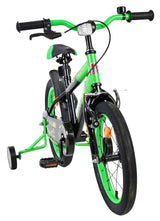 Kinderfahrrad in Schwarz und Grün mit Stützrädern und gepolsterter Sitzfläche