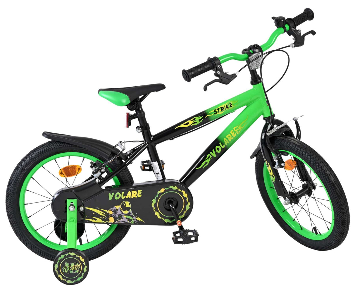 Volare Strike 16 Zoll Kinderfahrrad Jungen – Schwarz-Grün, zwei Handbremsen, 85% vormontiert