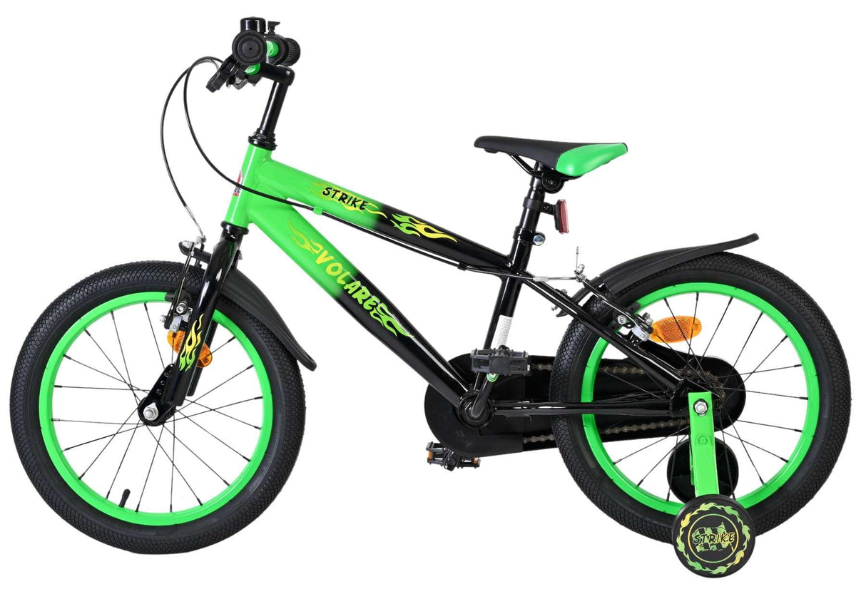 Schwarzes Kinderfahrrad mit grünen Akzenten und 16-Zoll-Rädern