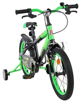 Kinderfahrrad in Schwarz und Grün mit Stützrädern und sportlichem Design