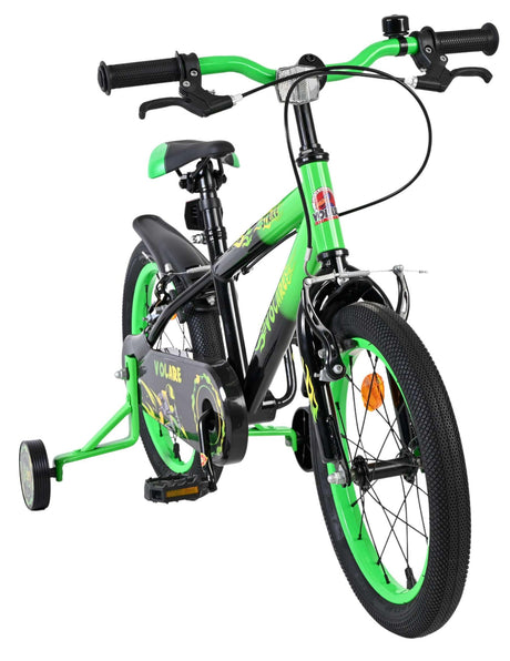 Kinderfahrrad in Schwarz und Grün mit Stützrädern und sportlichem Design