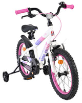 Weißes Kinderfahrrad mit pinken Griffen und Stützrädern