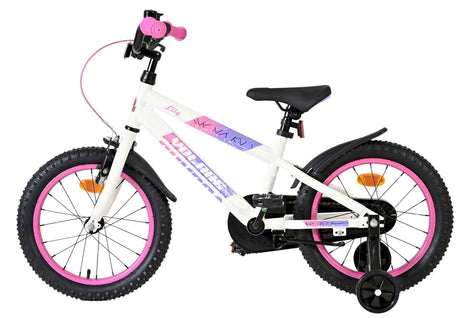 Kinderfahrrad in Weiß mit pinken Akzenten und Stützrädern