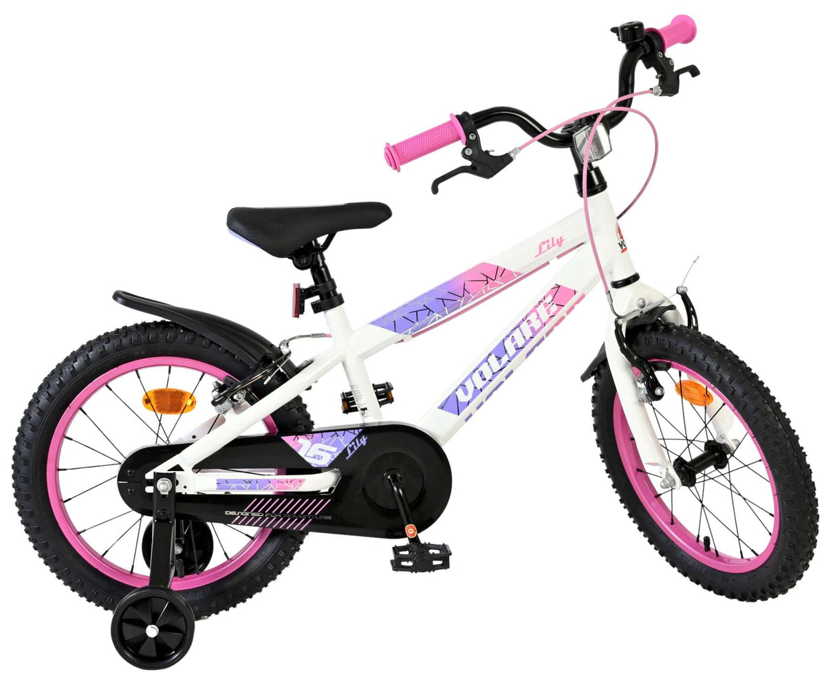 Weißes Kinderfahrrad mit pinken Akzenten und 16-Zoll-Rädern