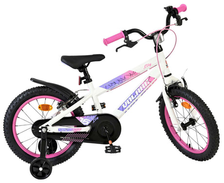 Weißes Kinderfahrrad mit pinken Akzenten und 16-Zoll-Rädern