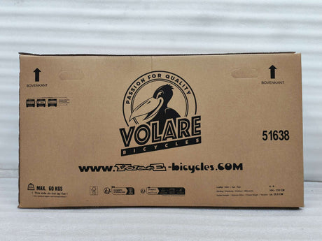 Kartonverpackung für ein Fahrrad mit Logo und Gewichtsangabe