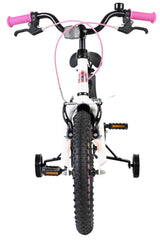 Kinderfahrrad mit pinken Griffen und Stützrädern, weiße Rahmenfarbe