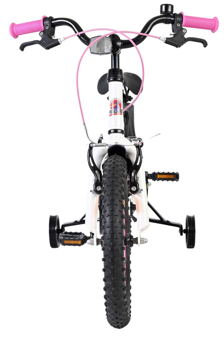 Kinderfahrrad mit pinken Griffen und Stützrädern, weiße Rahmenfarbe