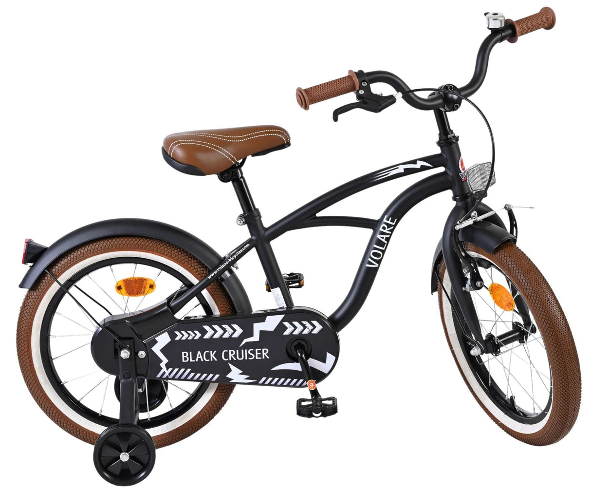 Schwarzes Kinderfahrrad mit braunen Details und Stützrädern