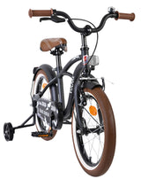 Schwarzes Kinderfahrrad mit braunen Griffen und Reifen, stabiler Stützrad