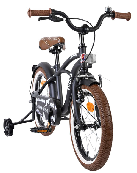Schwarzes Kinderfahrrad mit braunen Griffen und Reifen, stabiler Stützrad