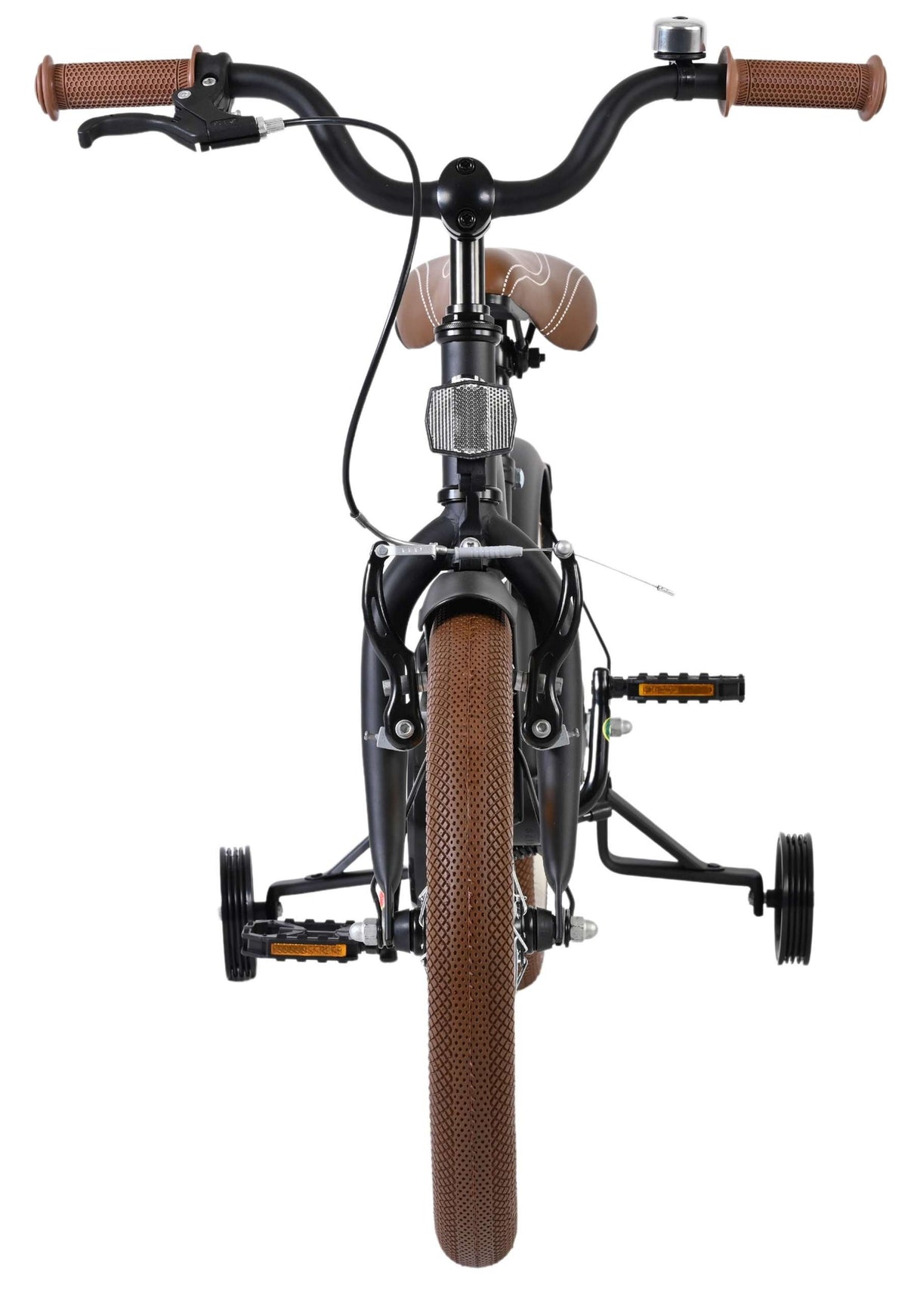 Schwarzes Kinderfahrrad mit braunen Griffen und Stützrädern