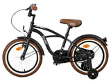 Schwarzes Kinderfahrrad mit braunen Reifen und gepolstertem Sattel