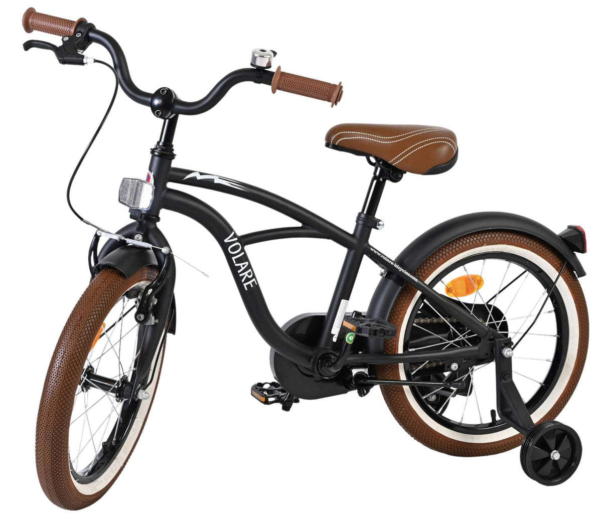 Schwarzes Kinderfahrrad mit braunen Griffen und Sattel, stabiler Rahmen
