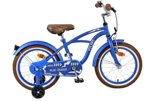 Blaues Kinderfahrrad mit braunem Sattel und stabilen Reifen