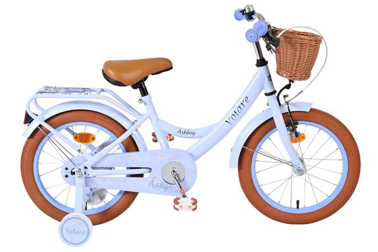 Kinderfahrrad in Weiß mit braunen Reifen und Korb vorne
