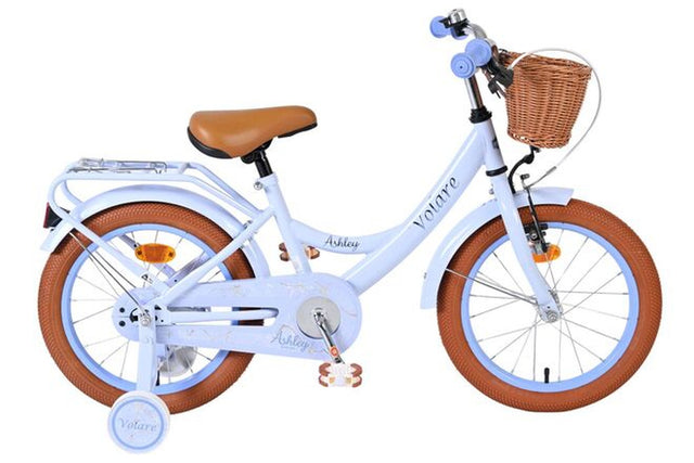 Kinderfahrrad in Weiß mit braunen Reifen und Korb vorne