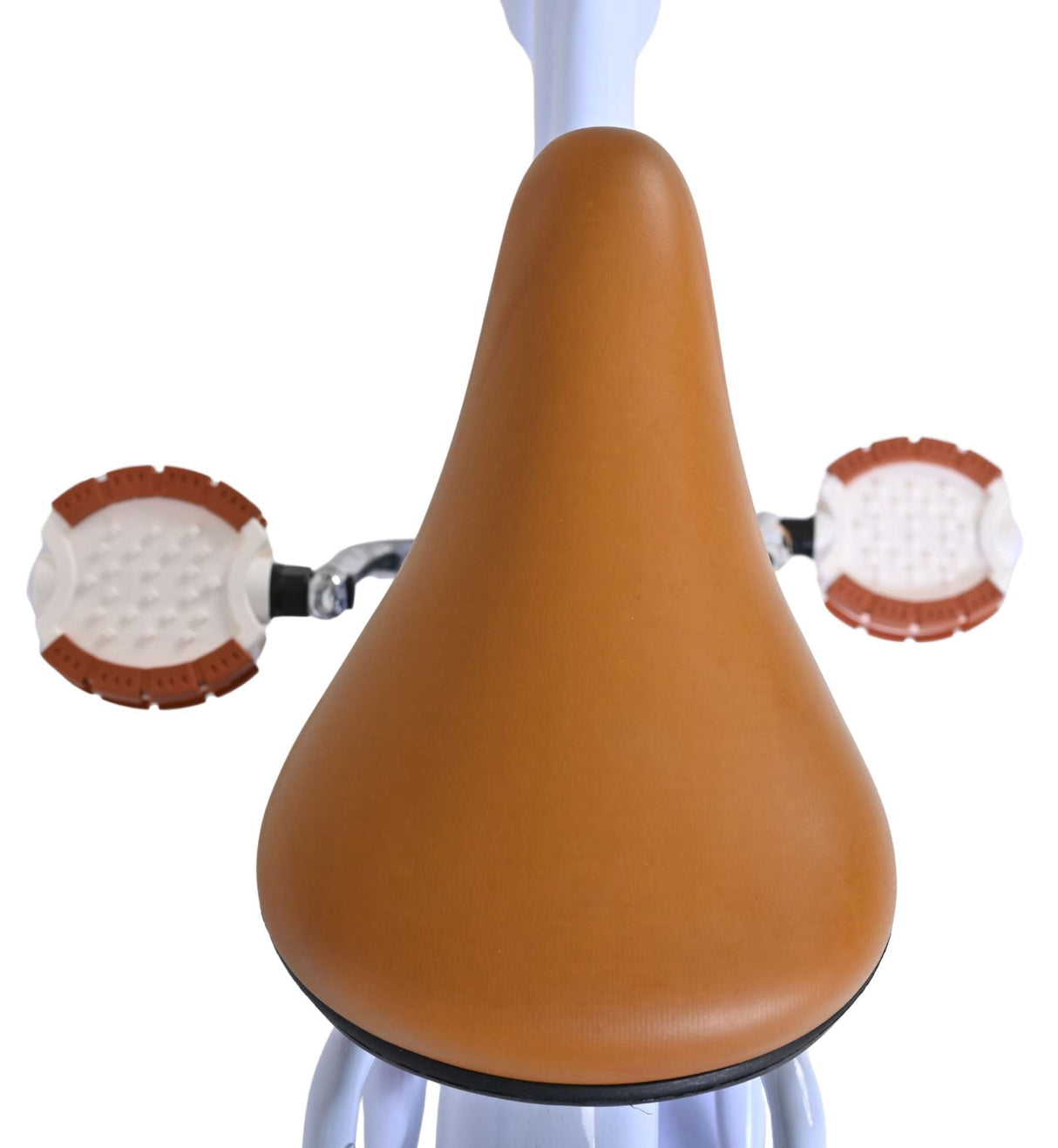 Braunes Fahrradsattel mit weißen Handgriffen und blauer Rahmenfarbe