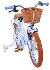 Blaues Kinderfahrrad mit braunem Korb und dicken Reifen