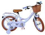 Blaues Kinderfahrrad mit Korb, braunen Reifen und bequemer Sitzfläche