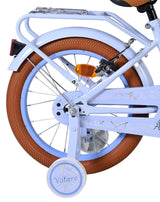 Hinterrad eines Fahrrads mit braunem Reifen und blauer Felge