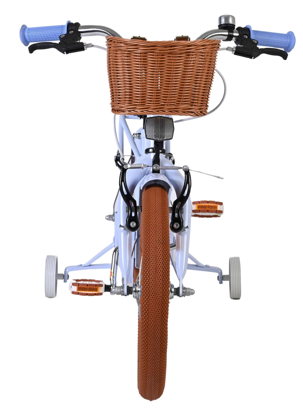 Kinderfahrrad mit Korb, blauen Griffen und braunen Reifen