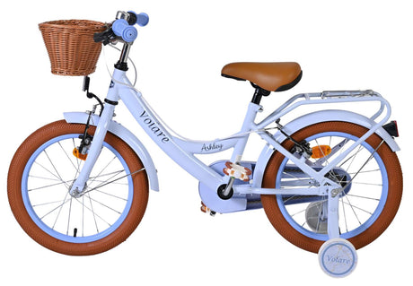 Kinderfahrrad in Blau mit Korb und braunem Sattel