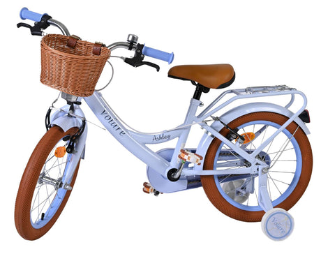 Kinderfahrrad in Blau mit Korb und braunen Reifen