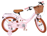 Rosa Kinderfahrrad mit Korb und braunem Sattel, stabiler Rahmen