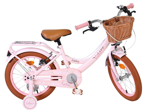 Rosa Kinderfahrrad mit Korb, braunem Sattel und stabilen Reifen