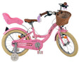 Rosa Kinderfahrrad mit Korb und Sitz für ein Kind hinten