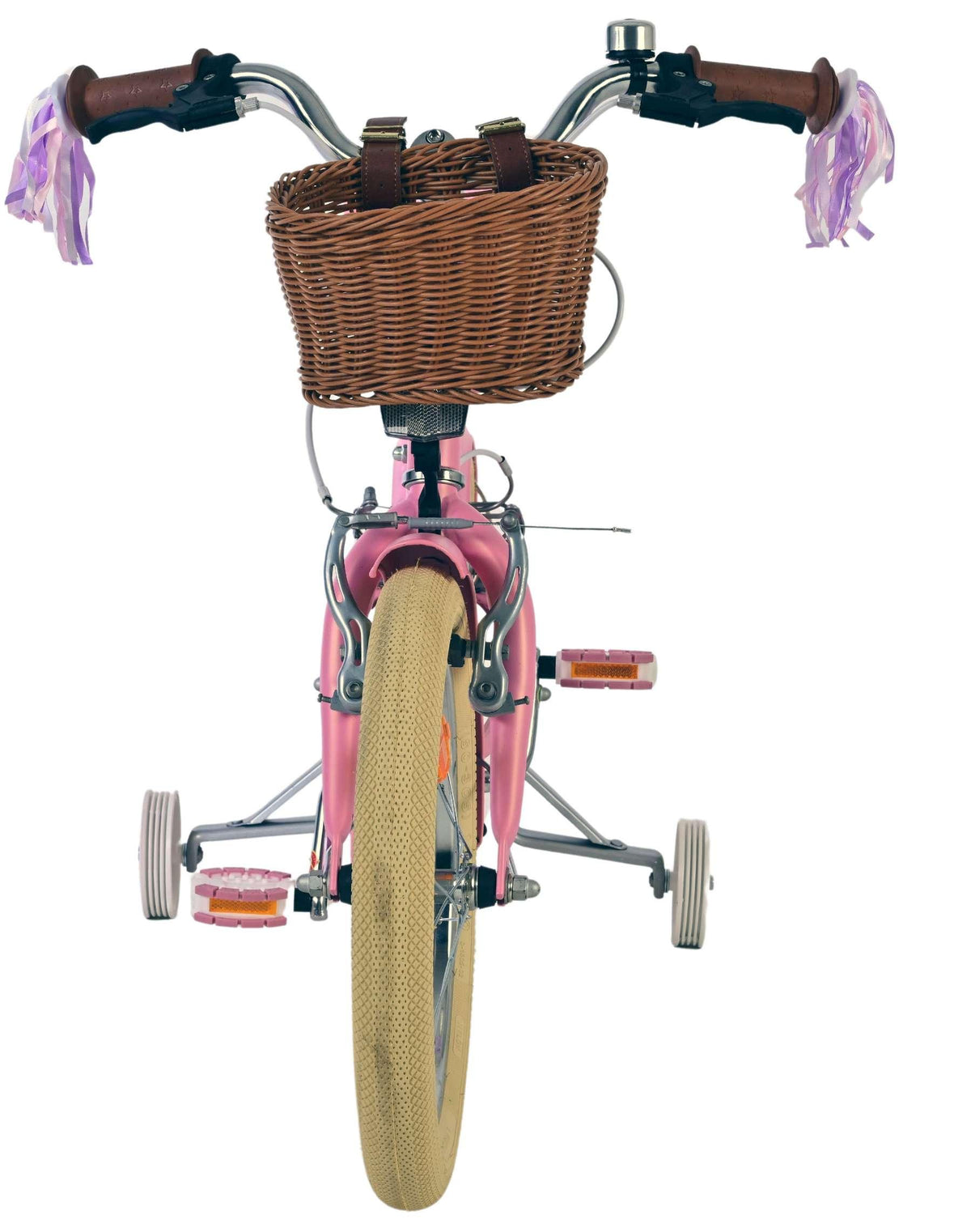 Rosa Kinderfahrrad mit Korb, braunen Griffen und großen Reifen