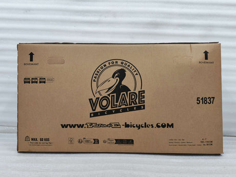 Kartonverpackung für ein Fahrrad mit Logo und Gewichtsangabe