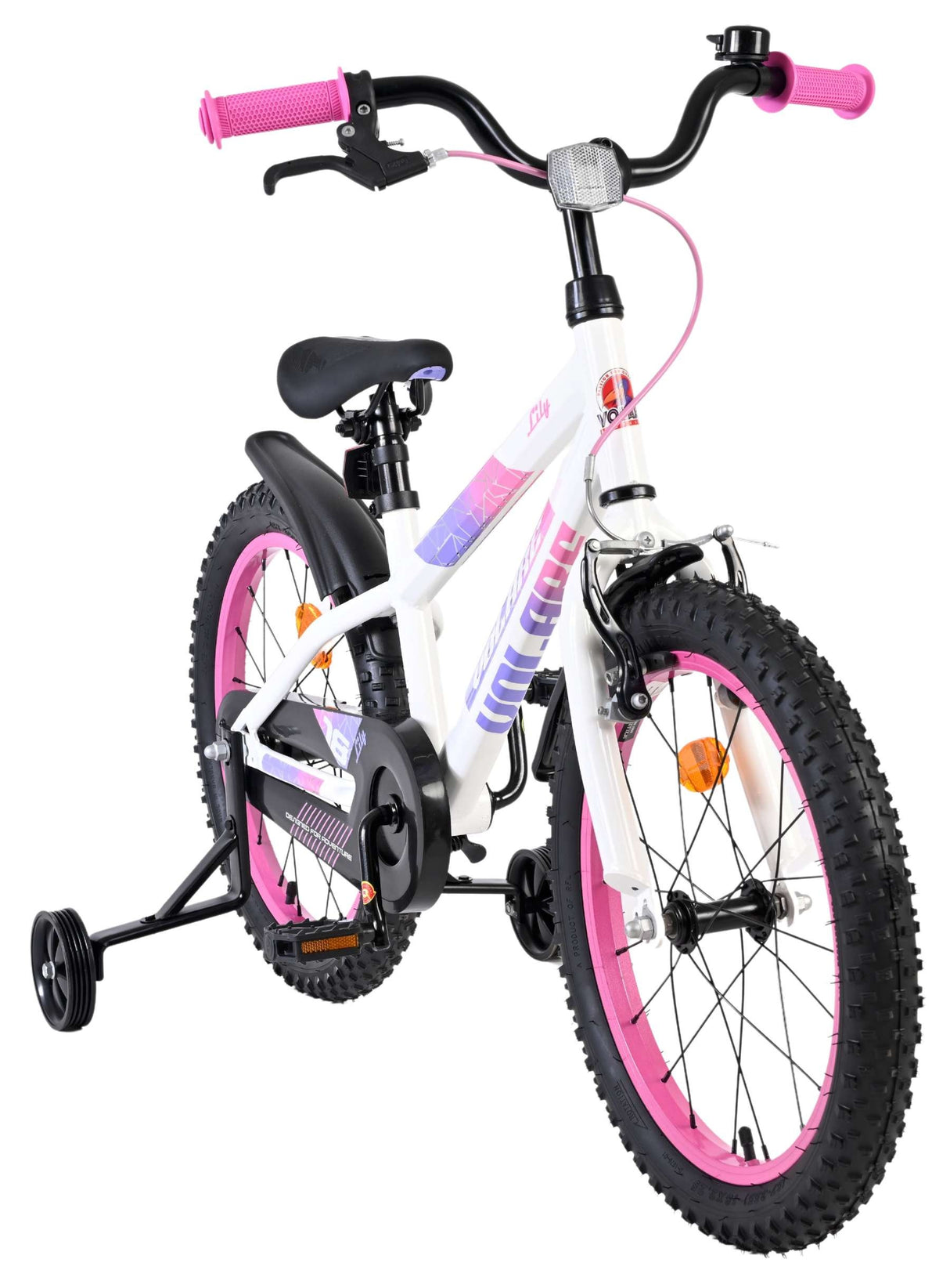 Kinderfahrrad in Weiß mit pinken Akzenten und Stützrädern