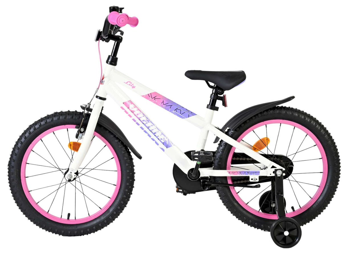 Kinderfahrrad in Weiß mit pinken Akzenten und Stützrädern