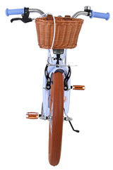 Fahrrad mit Korb, blauen Griffen und braunen Reifen von vorne gesehen