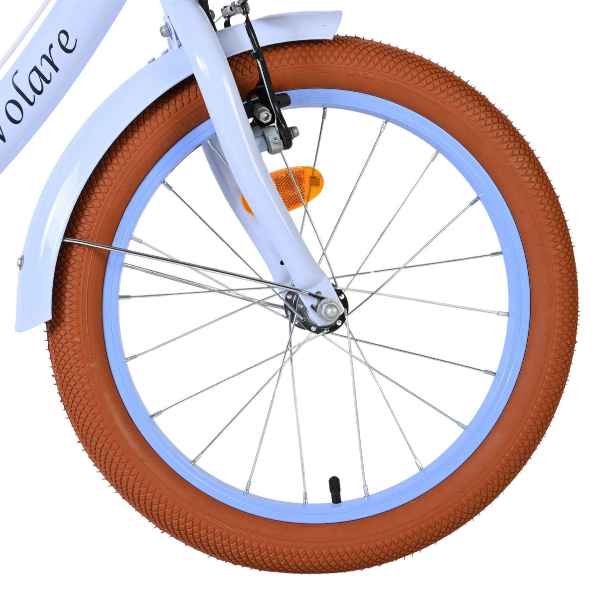 Vorderrad eines Fahrrads mit braunem Reifen und blauer Felge