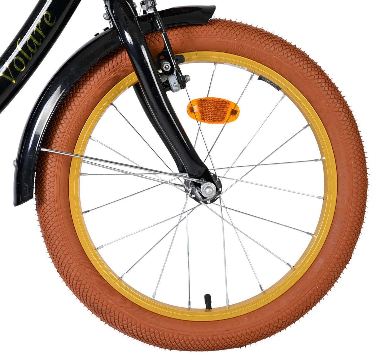 Schwarzes Fahrrad mit braunem Reifen und gelbem Felgenrand