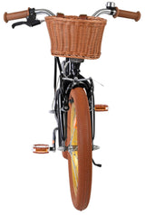 Schwarzes Fahrrad mit braunem Korb und orangefarbenen Reifen
