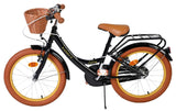 Schwarzes Kinderfahrrad mit Korb, braunen Reifen und Sattel